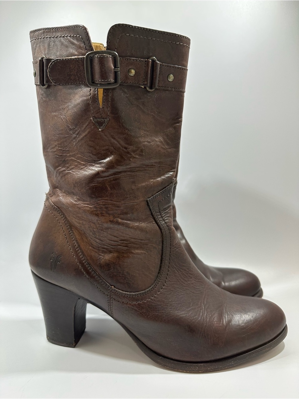 Frye Fiona Stitch Brown Leather Midcalf Boots 10 Heeled Boho Bohemian Festival